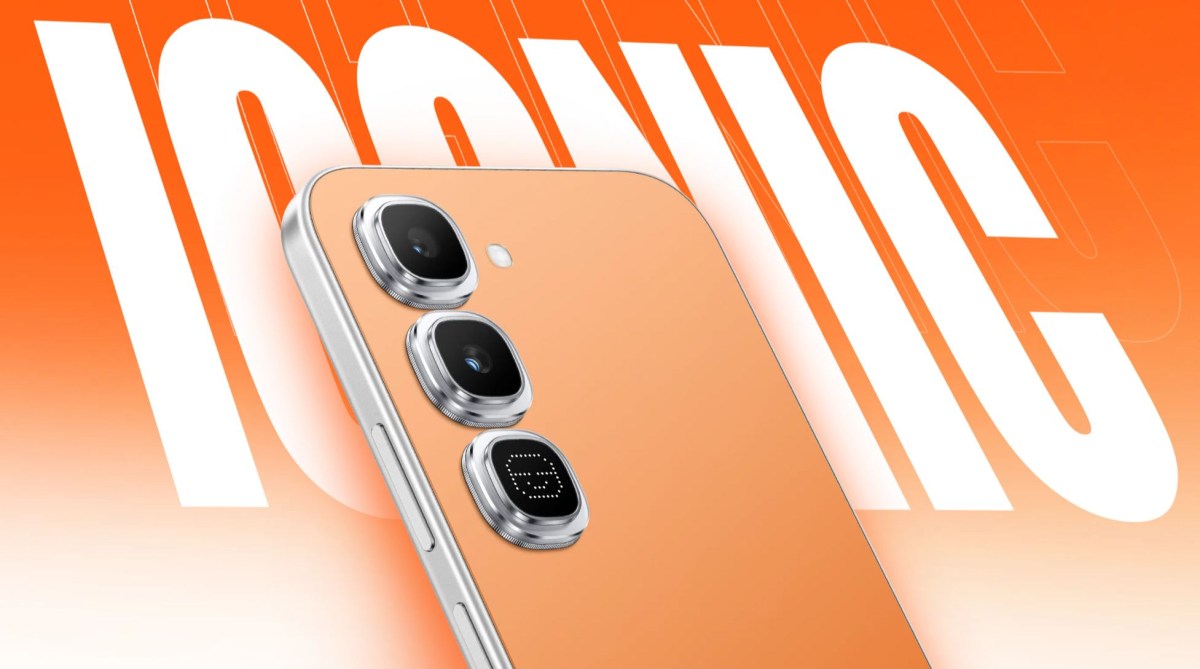 Narancsszínű Infinix Hot 70 Pro hátlapja közelről, a kameraszigetben lévő LED-kijelzővel.