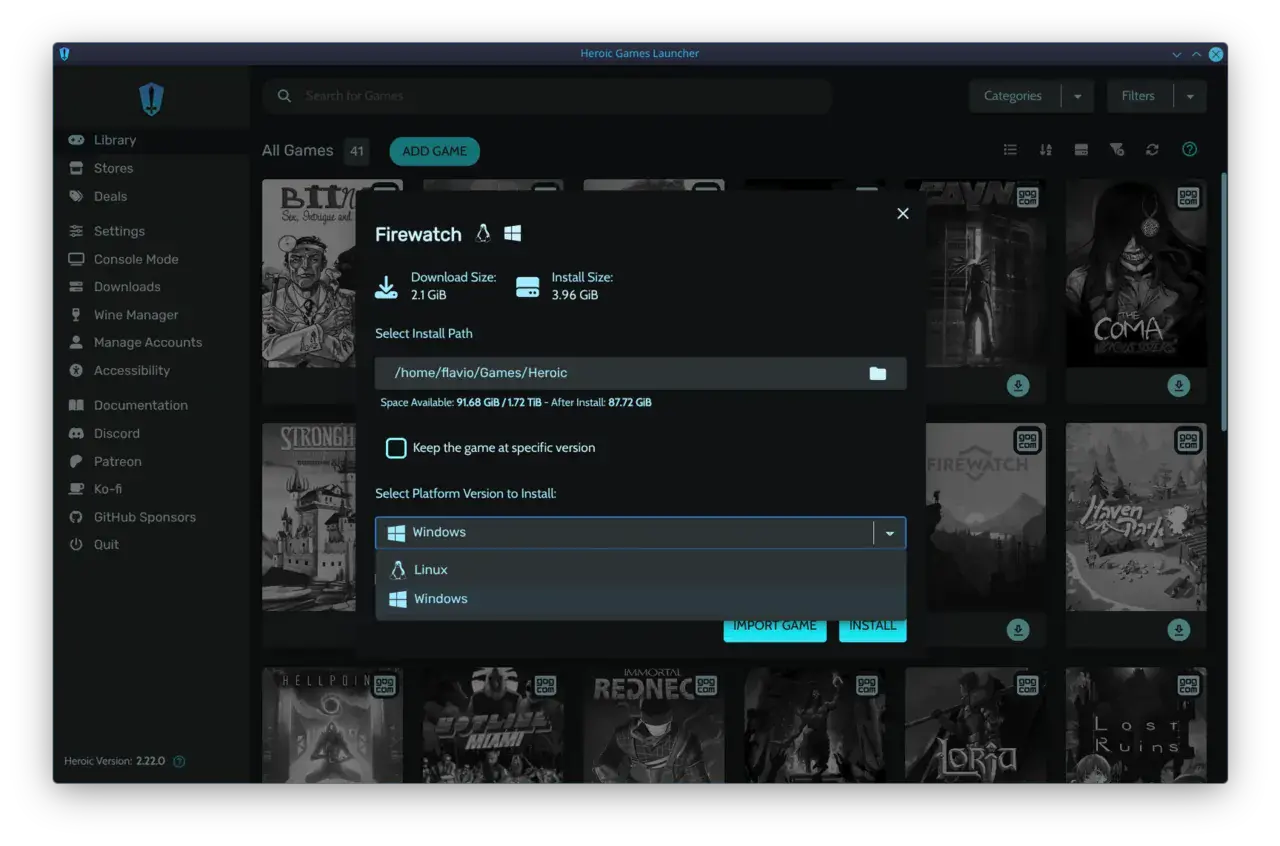 Heroic Games Launcher képernyőkép Linux és Windows platformválasztással egy játék telepítésénél.