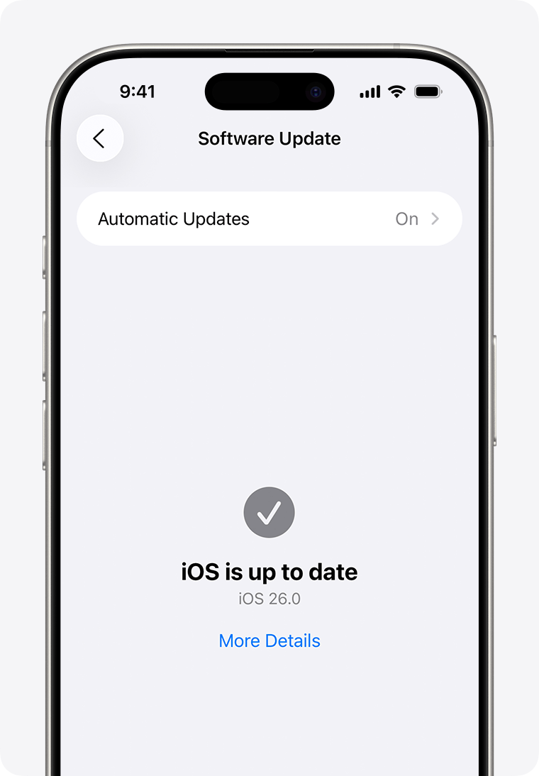 iPhone Software Update képernyő iOS 26 felirattal és More Details gombbal.