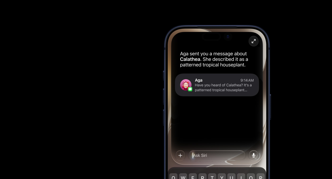 iPhone képernyő Siri AI beszélgetéses felülettel.