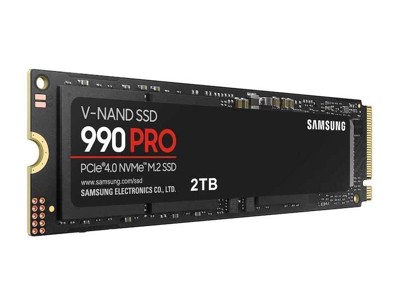 Samsung 990 Pro 2 TB PCIe 4.0 NVMe M.2 SSD termékkép fehér háttéren.