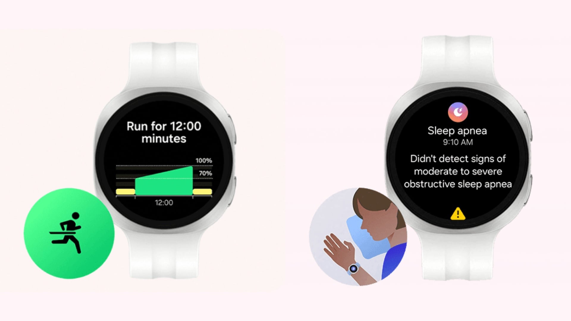 Két Galaxy Watch 9 render, az egyiken futóedzés, a másikon alvási apnoéval kapcsolatos értesítés látható.