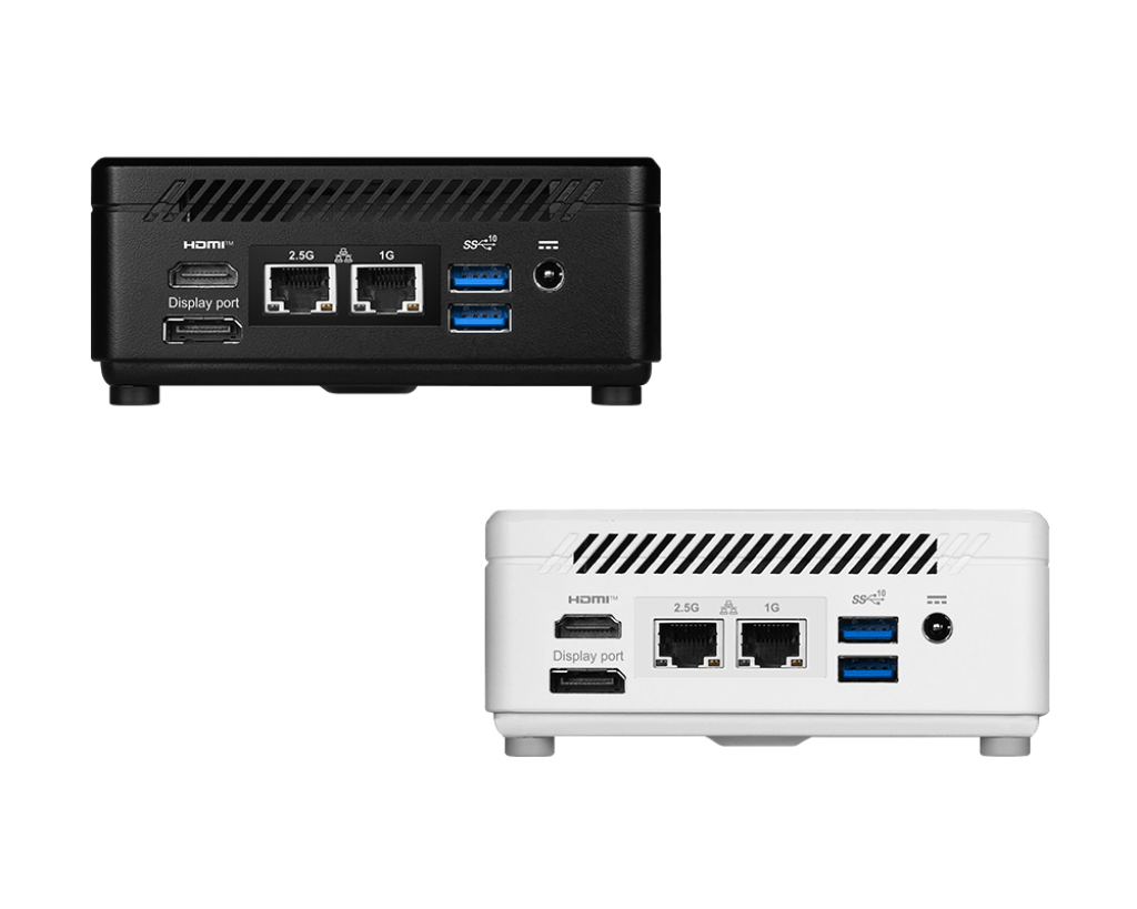 MSI Cubi 5 1M hátlapja két Ethernet-porttal, HDMI-, DisplayPort-, USB- és tápcsatlakozóval.