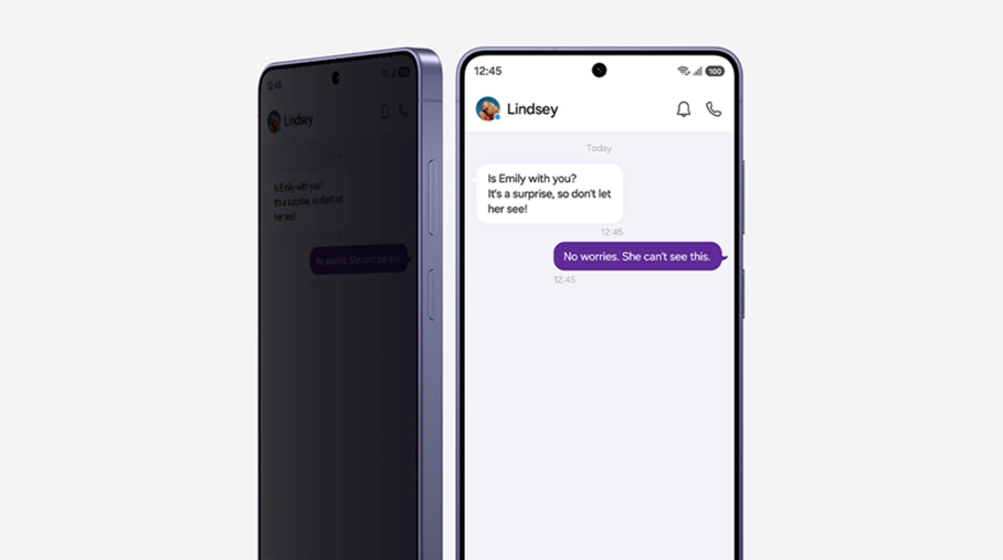 Két Galaxy S26 Ultra kijelző látható a Samsung Privacy Display illusztrációján.