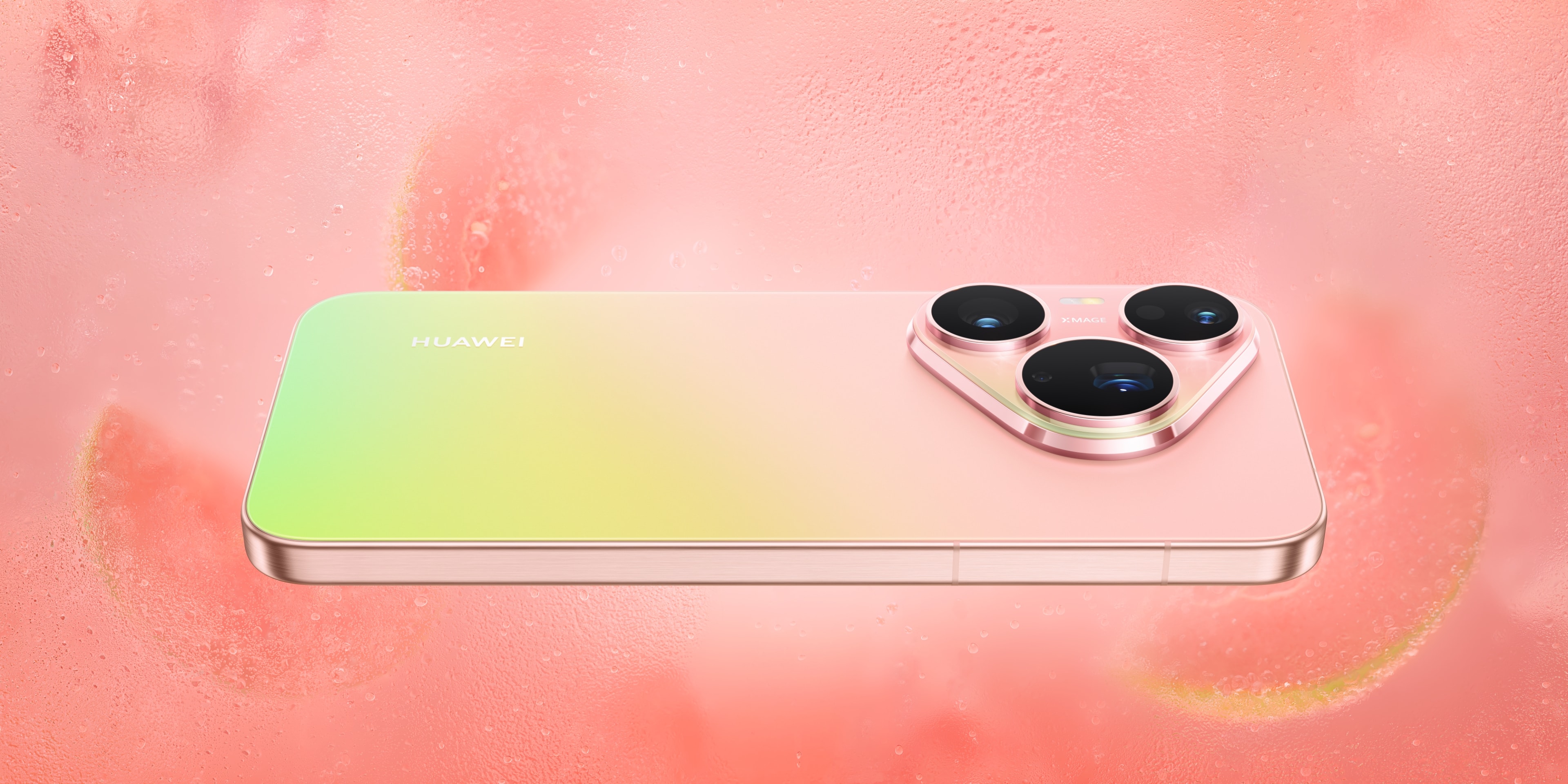 Huawei Pura 90 Pro hátlapja rózsaszínes-zöld átmenetes színben, három kamerával.