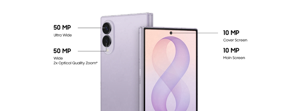 Samsung Galaxy Z Fold8 kamerákat bemutató hivatalos ábra, 50 MP-es hátlapi kamerajelölésekkel.