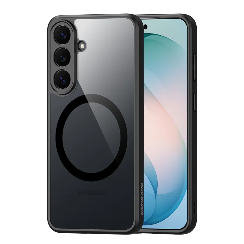 Tokgyártói Galaxy S26 FE-render fekete átlátszó tokkal, három hátlapi kamerával.