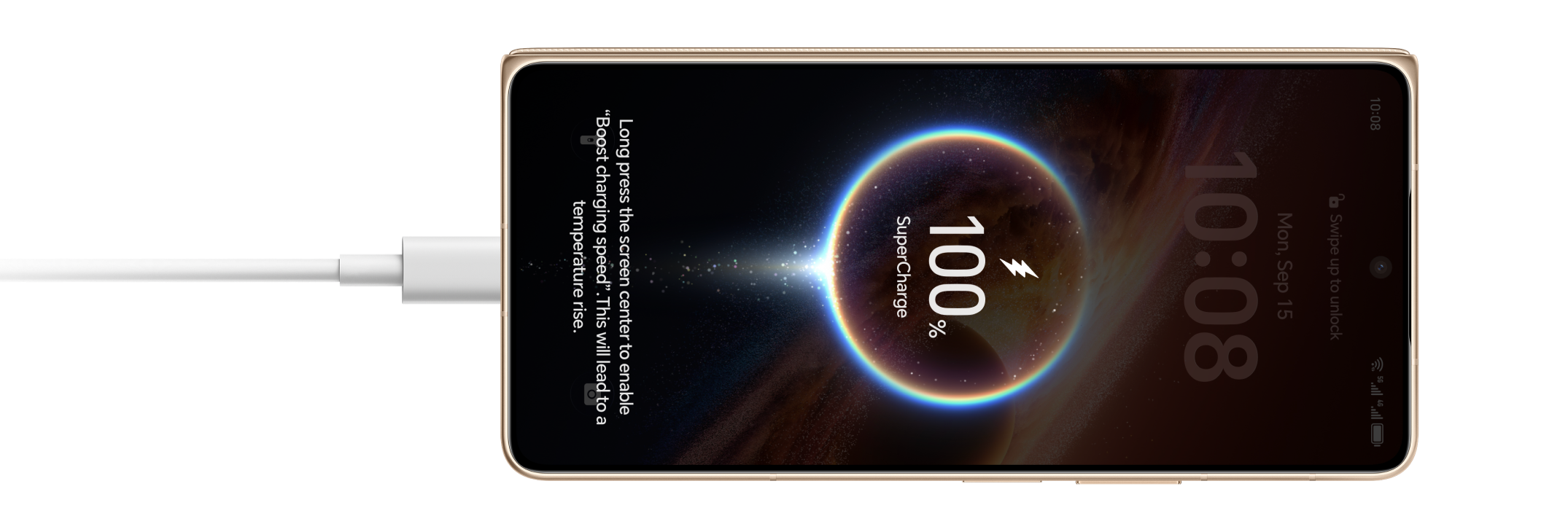 HONOR Magic V6 vízszintesen, töltőkábellel és töltési felülettel.