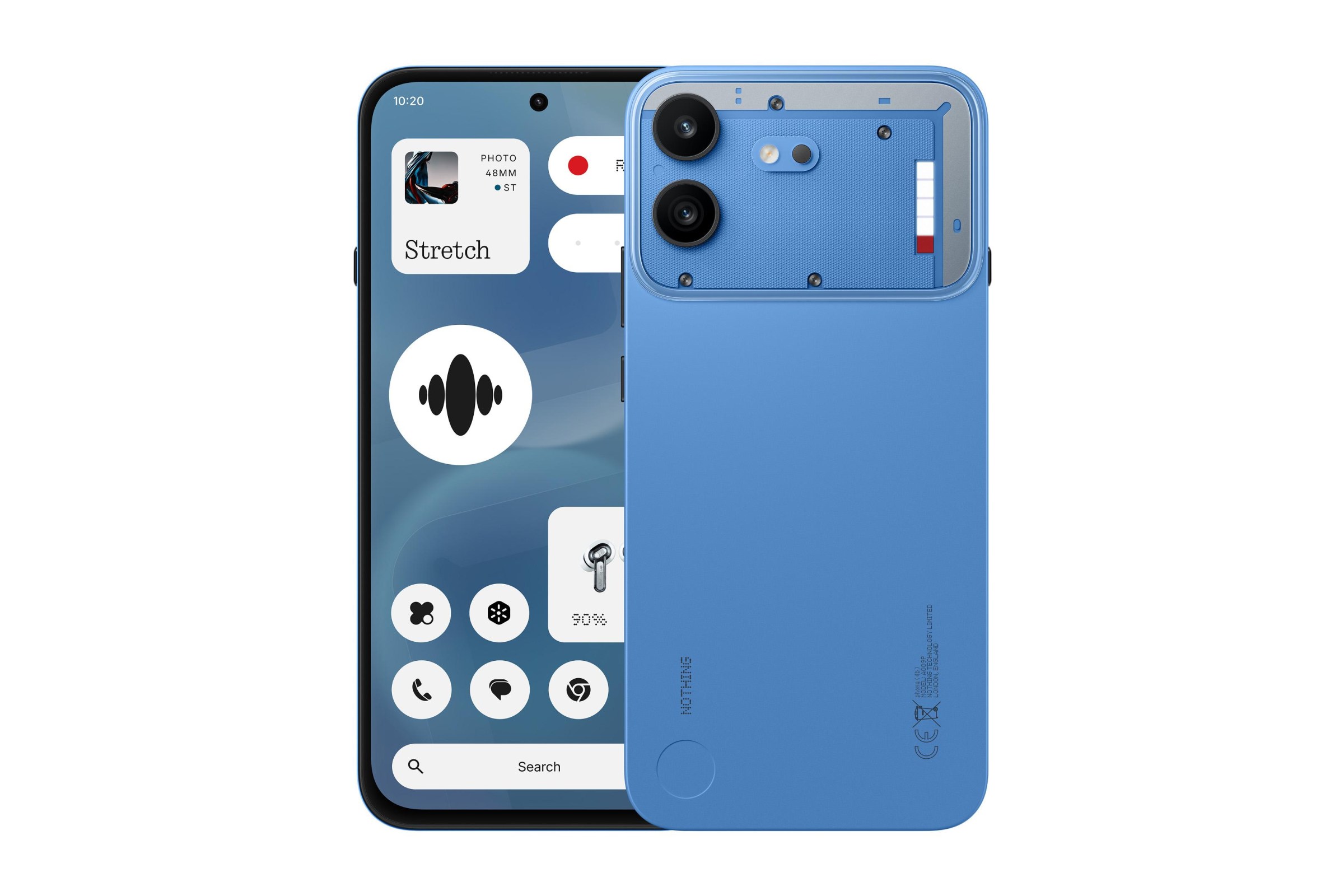 Kék Nothing Phone (4b) elölről és hátulról, látható Glyph Barral.