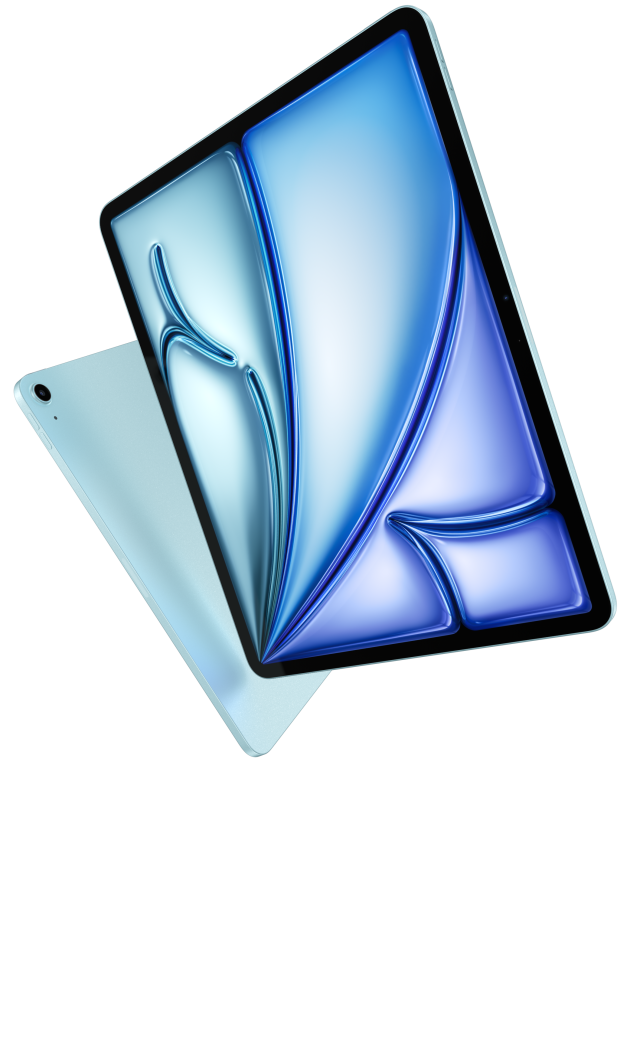 A jelenlegi iPad Air kék színben, elölről és hátulról látható.