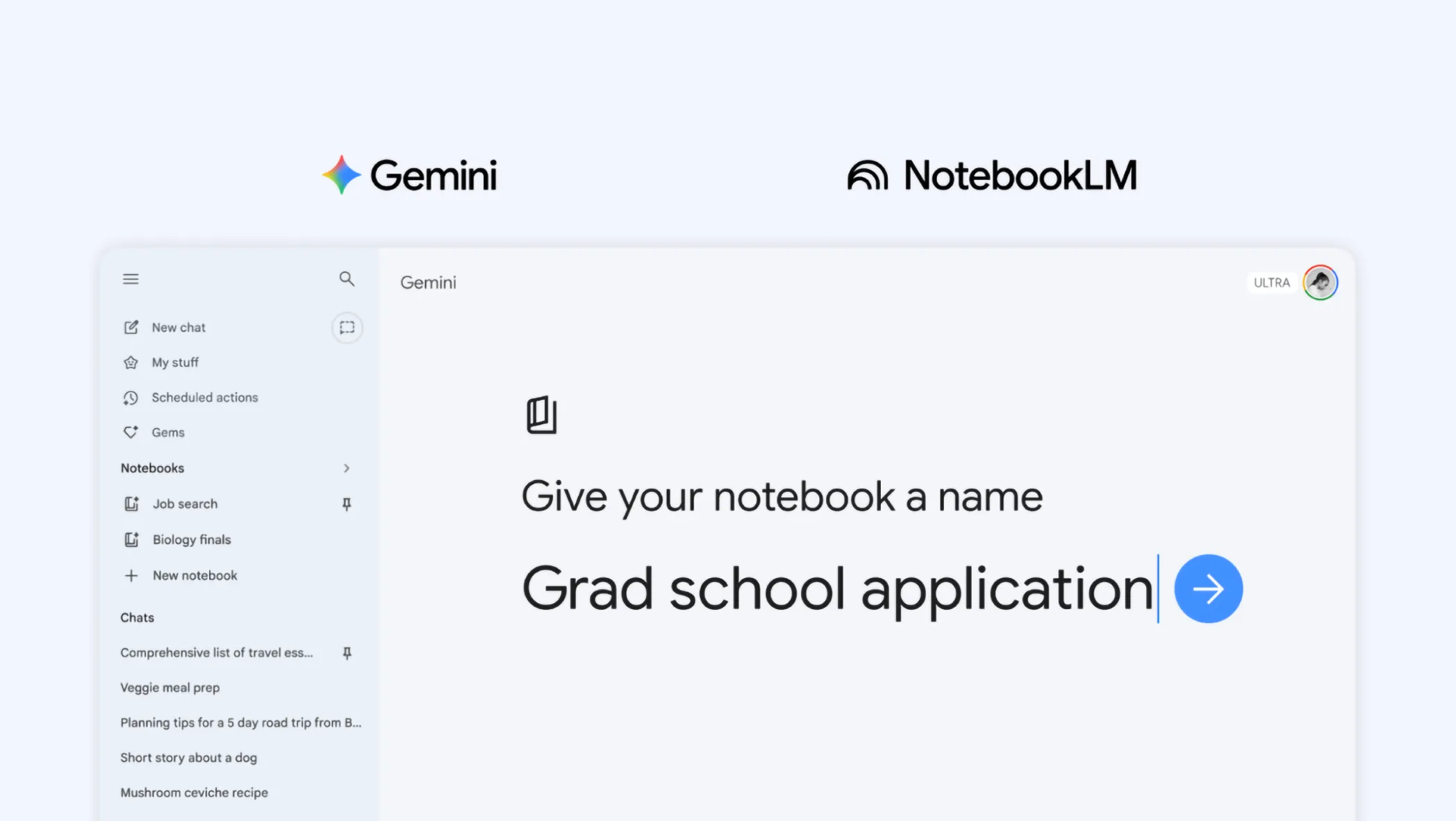 Gemini alkalmazás felülete notebook oldalsávval és NotebookLM felirattal.