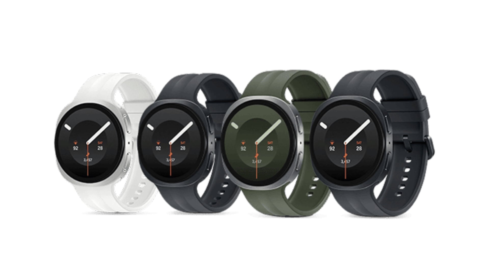 Négy Galaxy Watch 9 render egymás mellett, világos, grafit, zöld és fekete megjelenéssel.