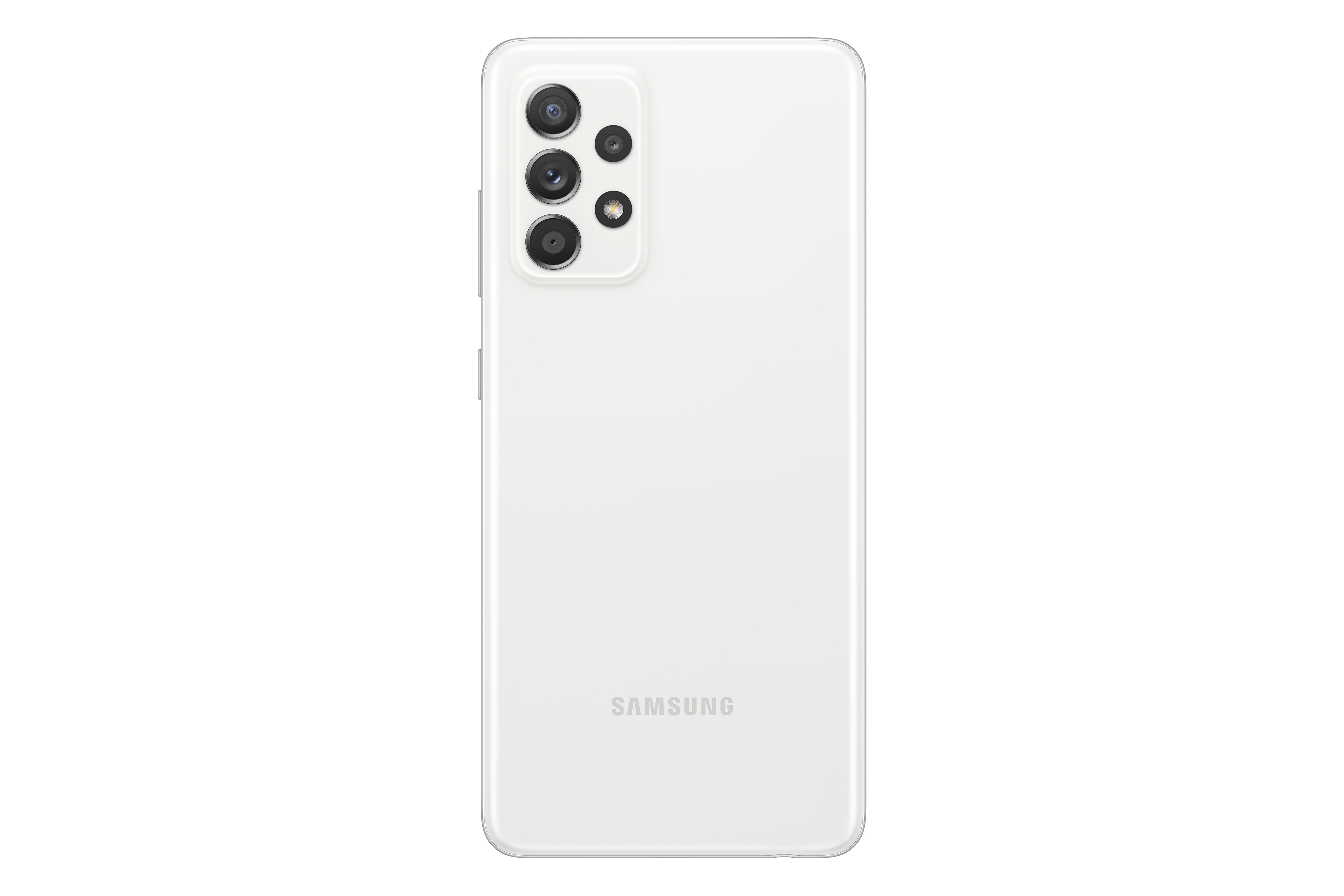 Fehér Samsung Galaxy A52 hátlapja hivatalos termékképen.