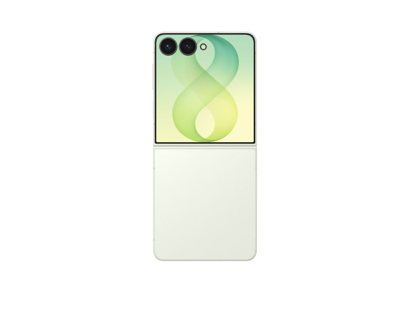 Menta színű Samsung Galaxy Z Flip8 nyitott állapotban, a fedlapi kijelzővel felül.