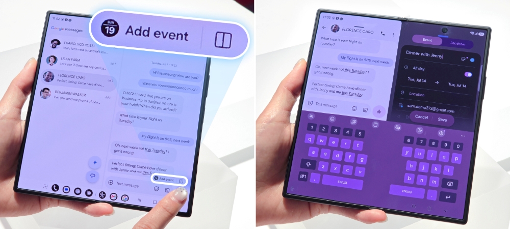 Nyitott Galaxy Z Fold kijelzőjén üzenetváltás és naptárnézet látszik Now Nudge javaslattal.