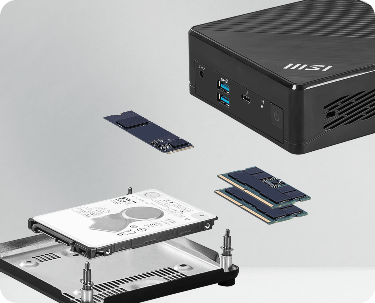 MSI Cubi 5 1M mini PC bővíthető belső kialakítással, SSD-vel és memóriamodulokkal.