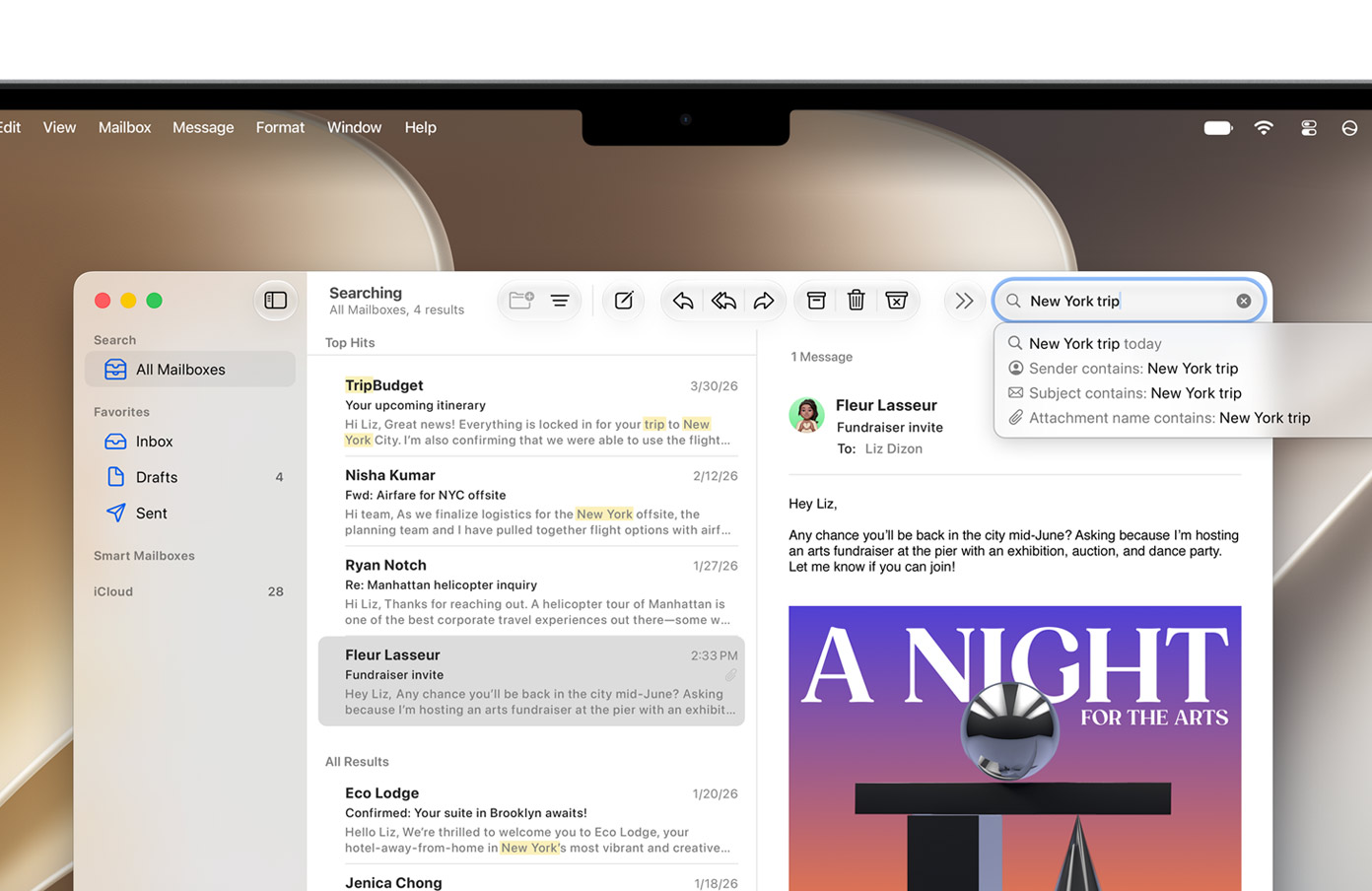Mac képernyőjén a Mail alkalmazás keresési találatai láthatók macOS 27 alatt.