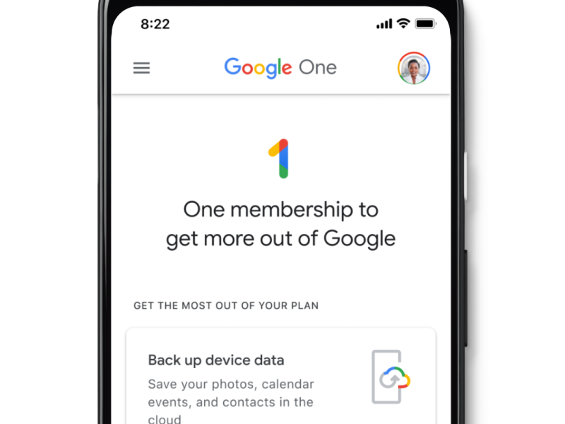 Google One képernyő Android-eszközadatok mentésére utaló kártyával.