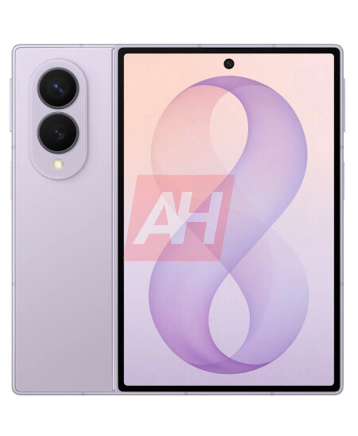 Kiszivárgott render egy Lavender színű, könyvszerű Samsung hajlítható telefonról, két hátlapi kamerával.