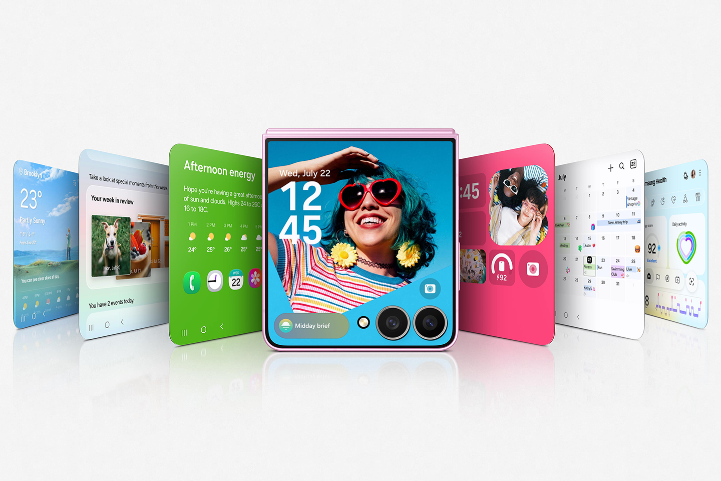 Samsung Galaxy Z Flip8 fedlapi kijelzővel és Now Brief-kártyákkal.