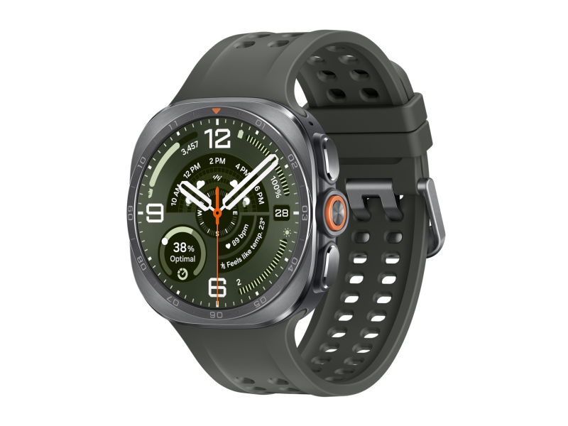 Samsung Galaxy Watch Ultra2 olívazöld Marine Band pánttal hivatalos termékképen.
