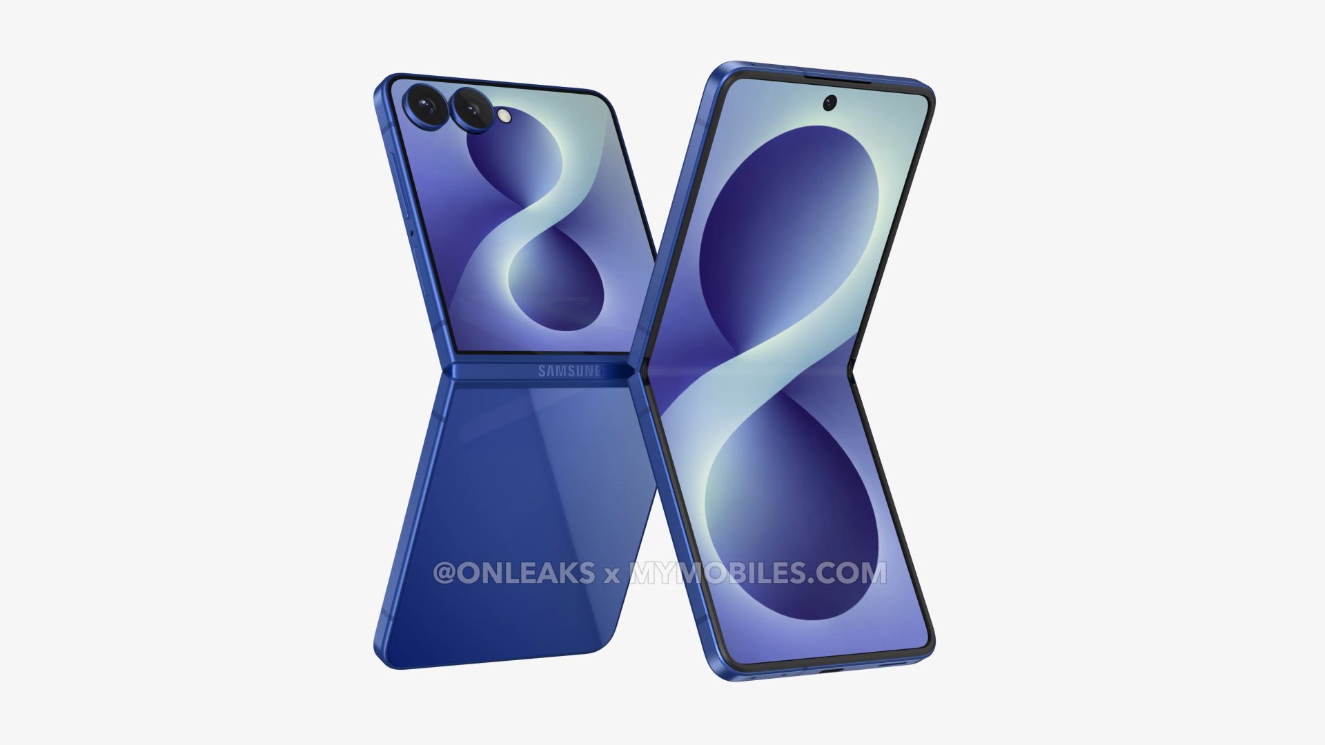 Nem hivatalos CAD-render a kék Galaxy Z Flip8-ról két nézetben, külső kamerákkal és kihajtott belső kijelzővel.