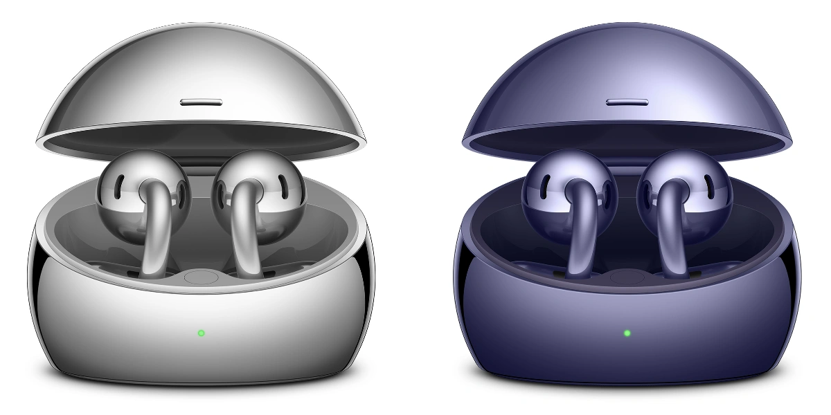 Huawei FreeClip 2 S fülhallgatók Space Silver és Deepsea Blue színben, nyitott töltőtokban.