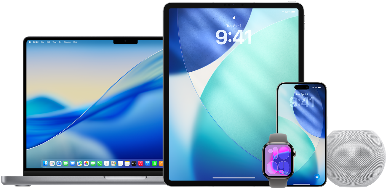 MacBook, iPad, iPhone, Apple Watch és HomePod egy Apple támogatási illusztráción.