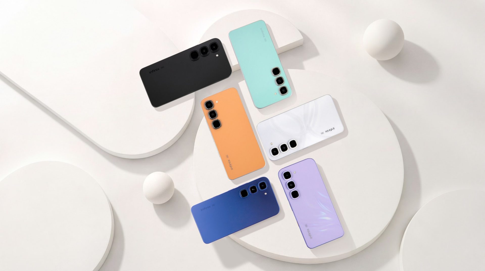 Az Infinix Hot 70 Pro hátlapja hat színváltozatban, fehér háttéren.