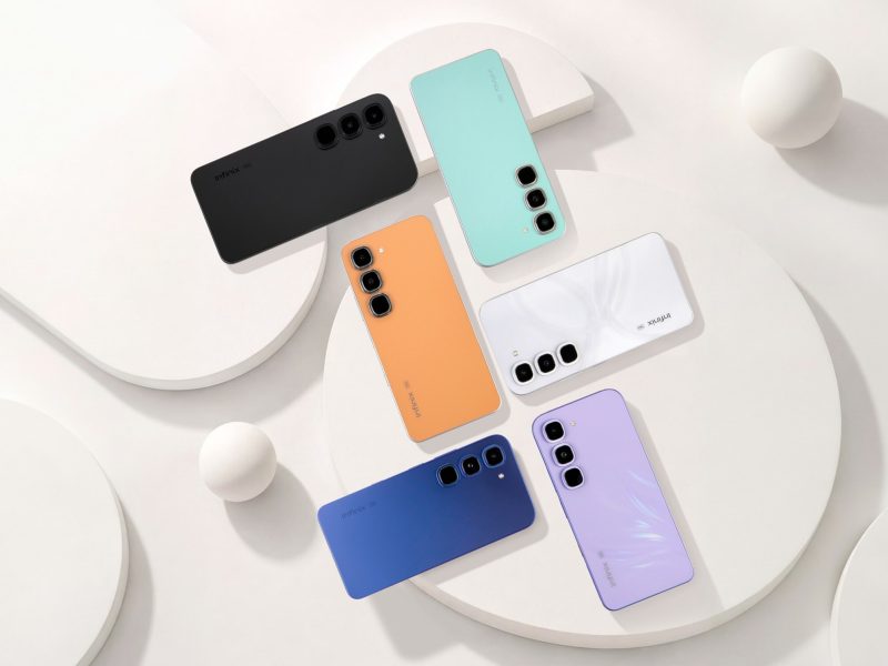 Az Infinix Hot 70 Pro hátlapja hat színváltozatban, fehér háttéren.