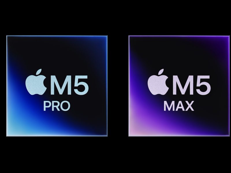 Apple M5 Pro és M5 Max chiprender fekete háttéren.