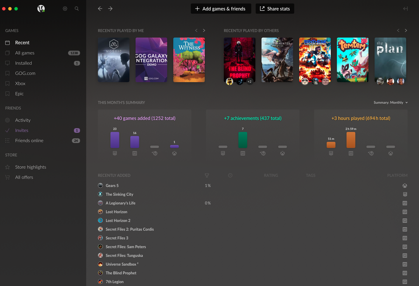 GOG Galaxy kliensfelület játékborítókkal, statisztikai panelekkel és oldalsó navigációval.