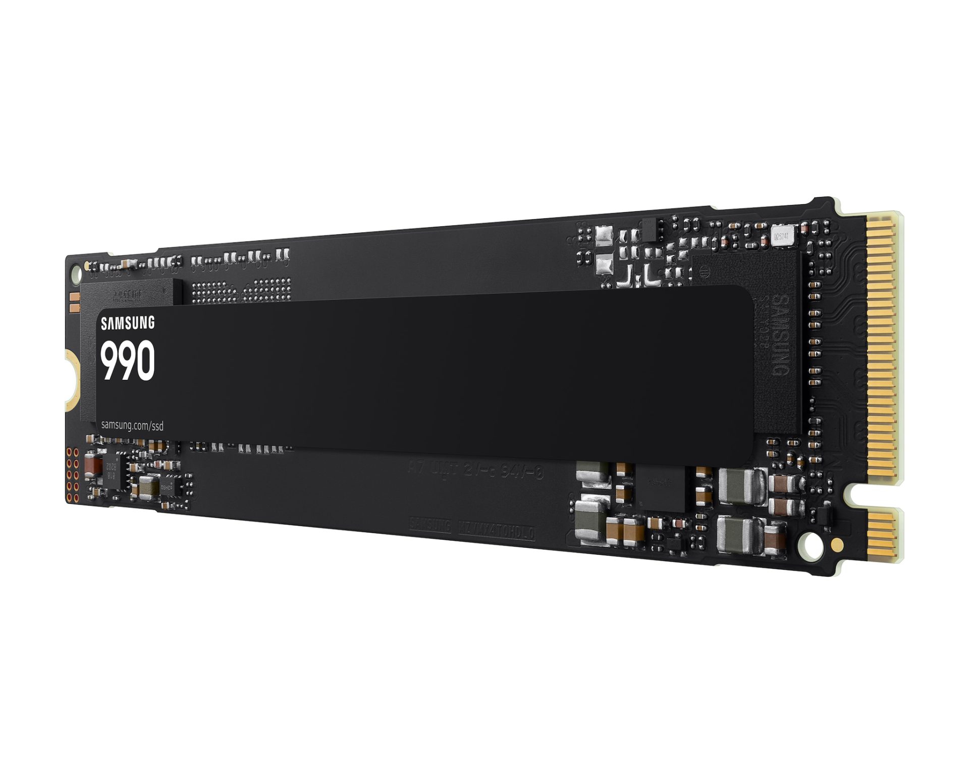 Samsung 990 M.2 NVMe SSD hivatalos termékrenderen, fekete kivitelben.