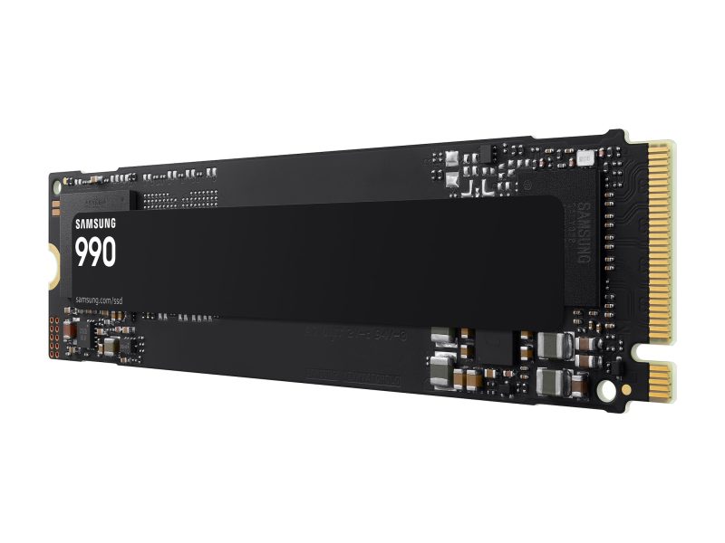 Samsung 990 M.2 NVMe SSD hivatalos termékrenderen, fekete kivitelben.