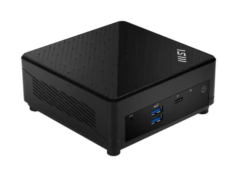 Fekete MSI Cubi 5 1M mini PC elölnézetből, látható USB- és USB-C-csatlakozókkal.