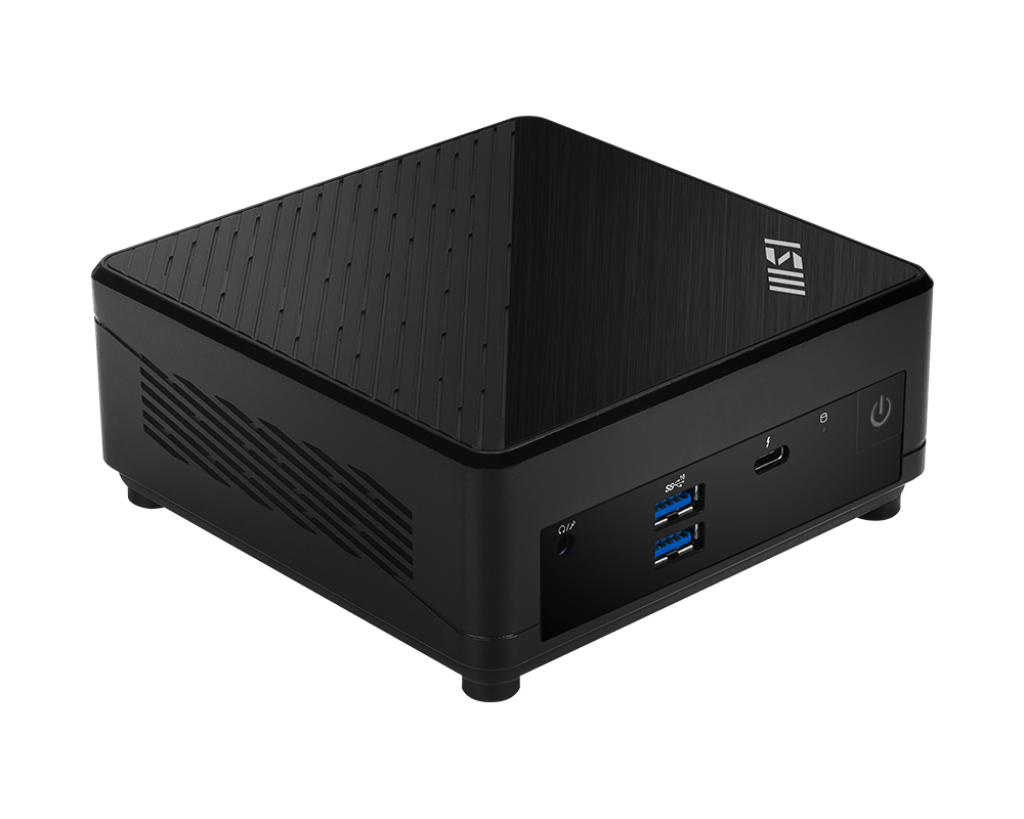 Fekete MSI Cubi 5 1M mini PC elölnézetből, látható USB- és USB-C-csatlakozókkal.