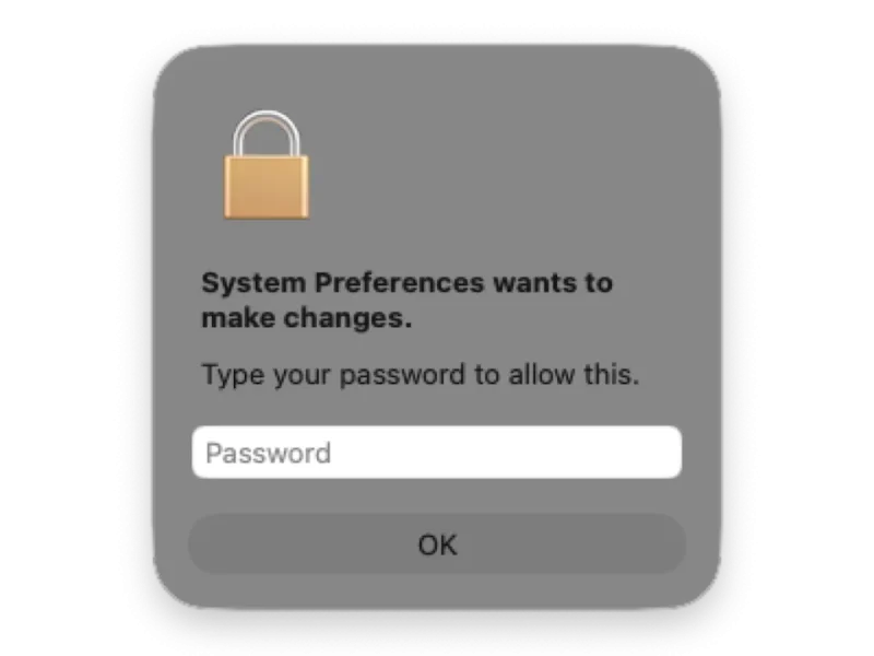 Hamis macOS-jelszókérő ablak jelszómezővel és OK gombbal.