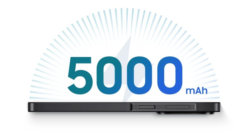 Galaxy A27 5G oldalnézetben, felette 5000 mAh felirattal.