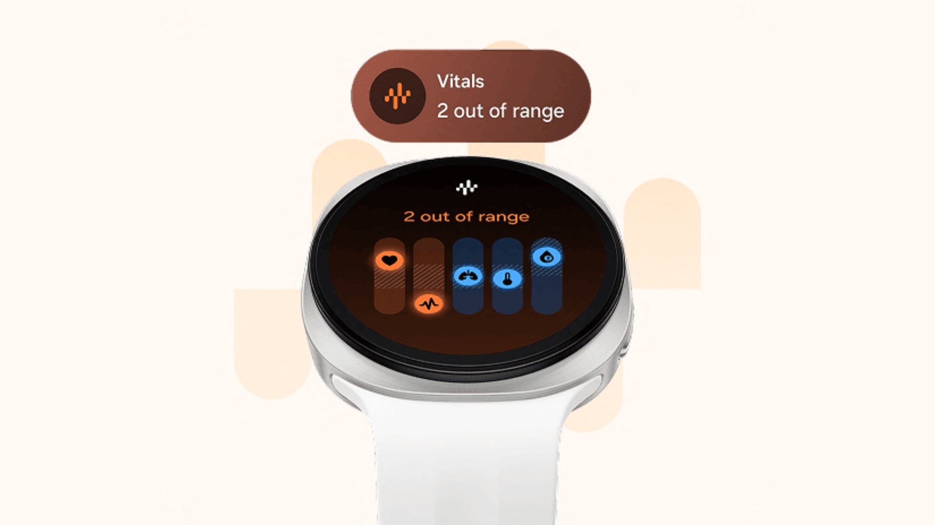 Fehér Galaxy Watch 9 render, a kijelzőn Vitals felülettel és eltérő értékekre utaló jelzéssel.
