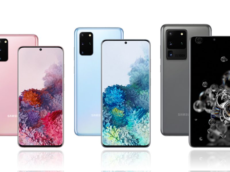 Samsung Galaxy S20, S20+ és S20 Ultra telefonok hivatalos termékképen.