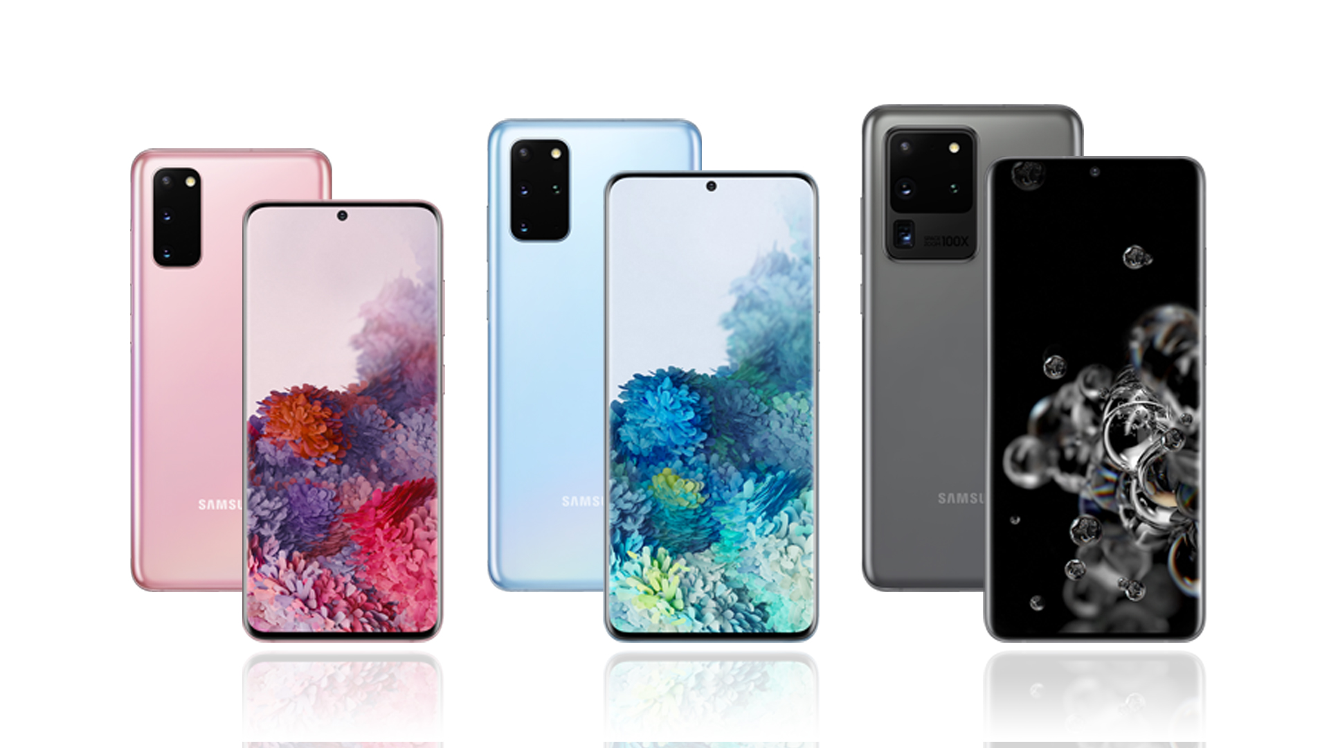 Samsung Galaxy S20, S20+ és S20 Ultra telefonok hivatalos termékképen.