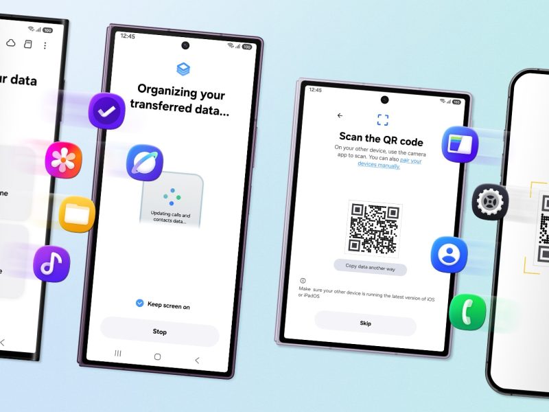 Galaxy hajlítható telefonon látható Smart Switch adatköltöztetési képernyő QR-kóddal és átviteli állapottal.