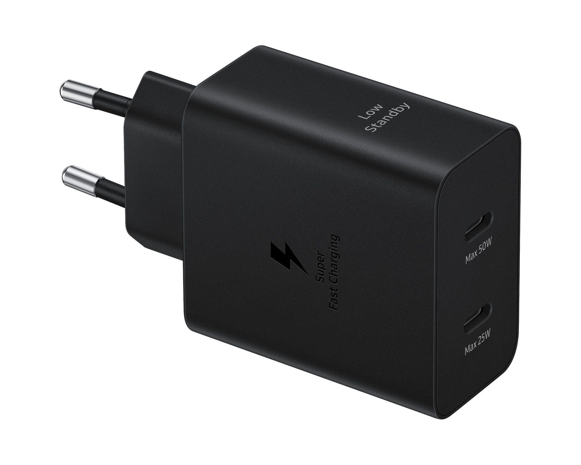 Fekete Samsung Super Fast Charger Duo 50W hálózati adapter két USB-C porttal.