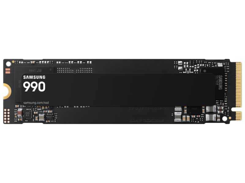 Samsung 990 PCIe 4.0 NVMe M.2 SSD fekete M.2 meghajtó elölnézetből.