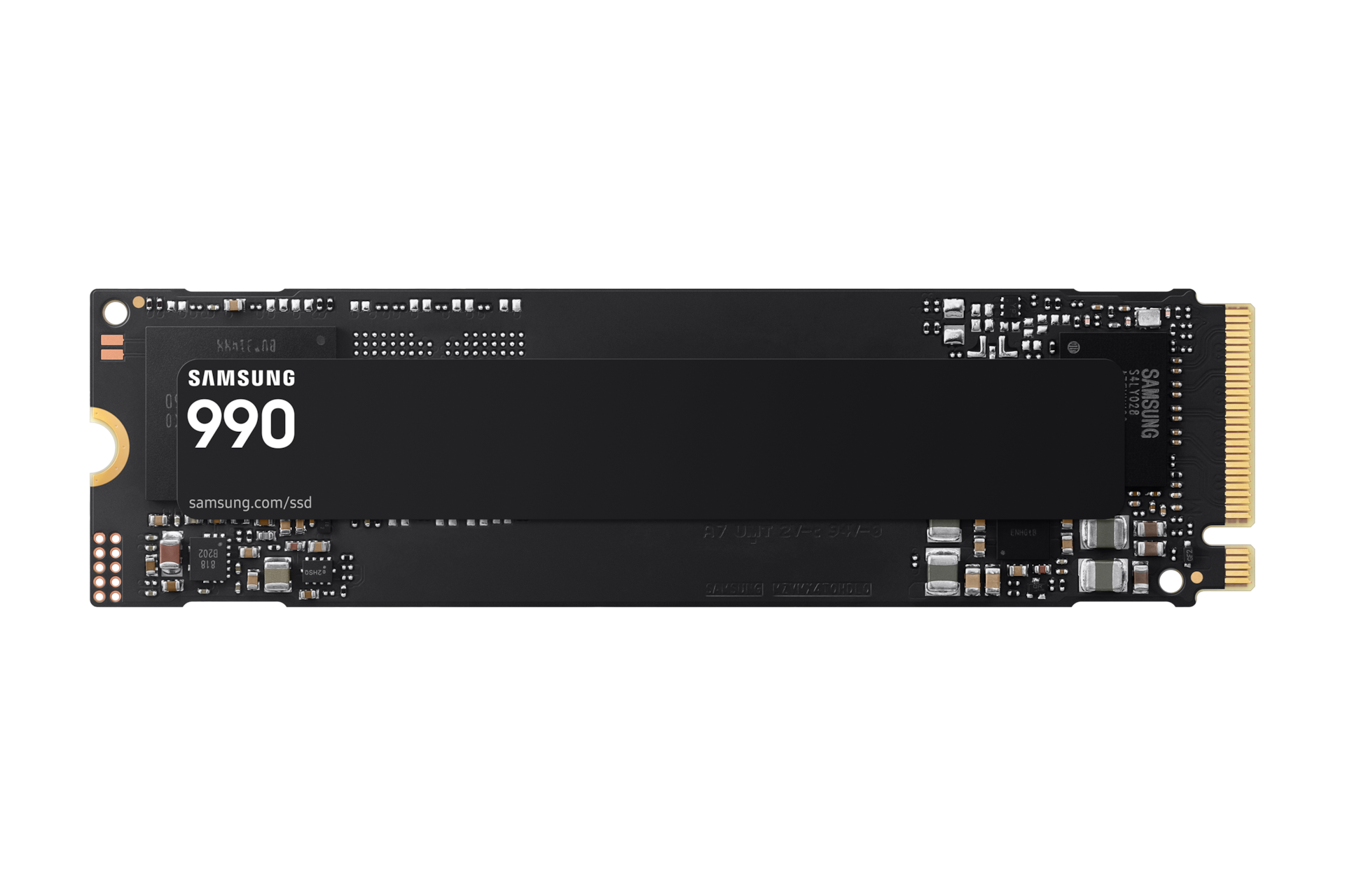 Samsung 990 PCIe 4.0 NVMe M.2 SSD fekete M.2 meghajtó elölnézetből.