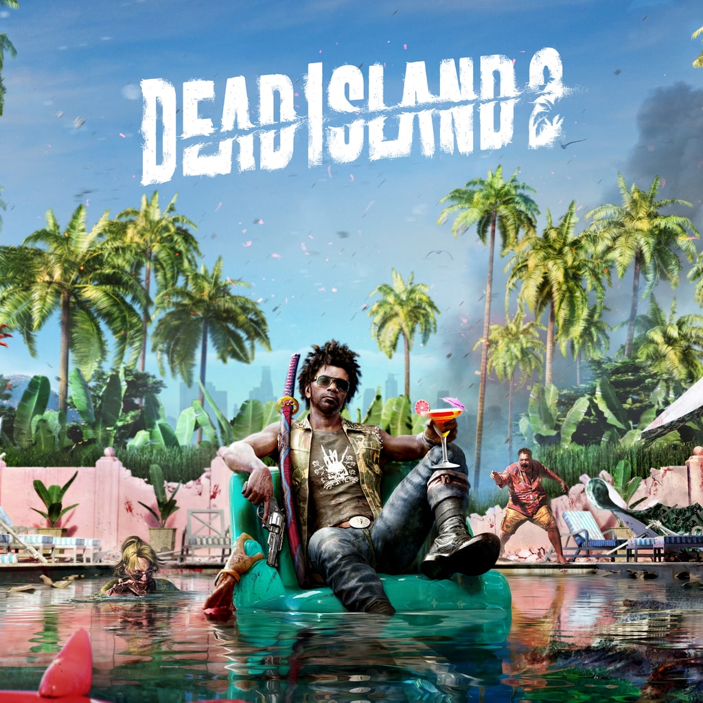 A Dead Island 2 hivatalos borítóképe pálmafákkal, zombikkal és a játék logójával.