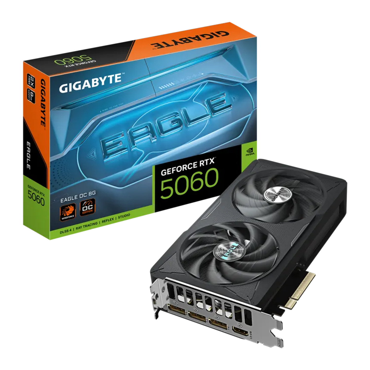 Gigabyte GeForce RTX 5060 Eagle OC 8G videokártya és doboza fehér háttér előtt.