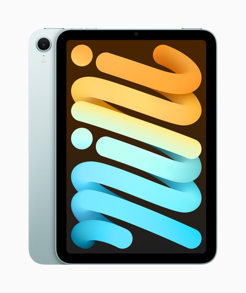 A jelenlegi iPad mini kék változata elölről és hátulról, Apple termékképen.