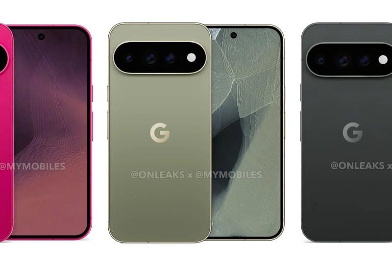 Három Google Pixel 11-render különböző színekben, OnLeaks és MyMobiles vízjellel.