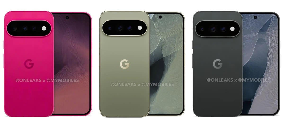 Három Google Pixel 11-render különböző színekben, OnLeaks és MyMobiles vízjellel.